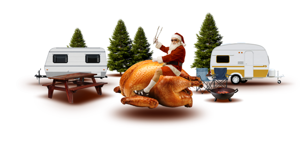 Père Noël chevauchant un dindon en camping